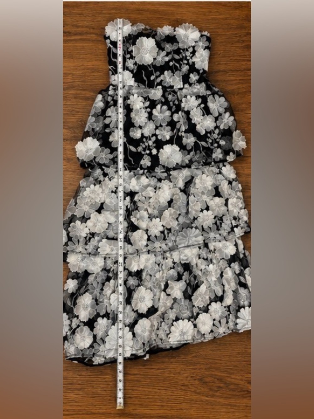 Holiday Party Mew & Mews Black White Floral Appliqué Strapless Tiered Midi Dress - Picture 7 of 10